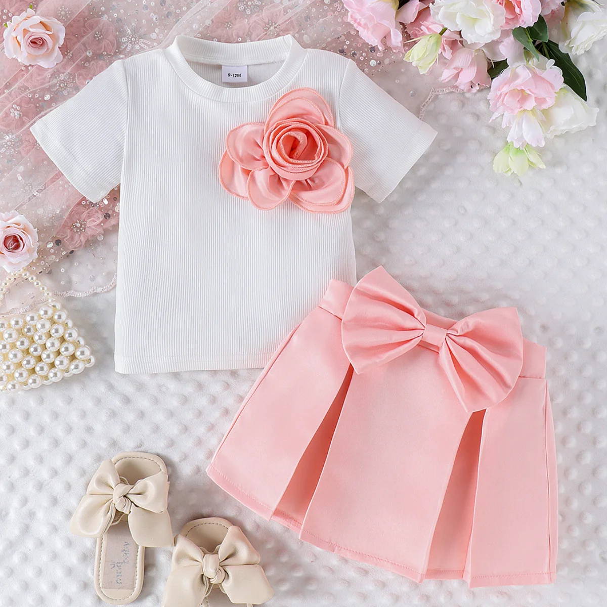 Summer Preschool Children's Pit Stripe Flower Chest Short Sleeved Top Bow Fold Short Skirt Sweet and Cute Girl Set