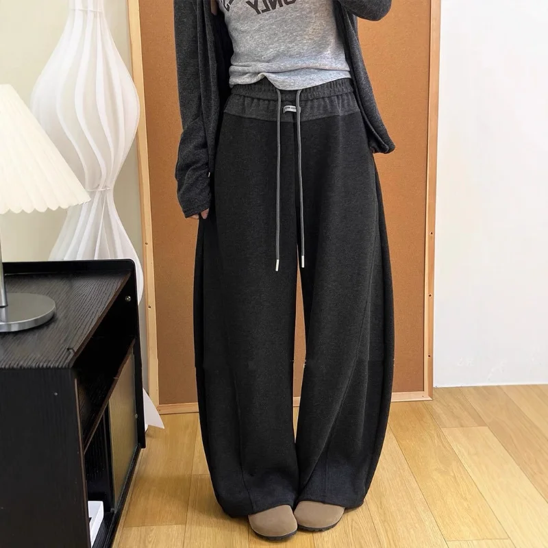 

New Arrival Women's Fleece Lined Pants Autumn Winter Warm Color Block Banana Pants High Grade Loose Slim Wide Leg Pants