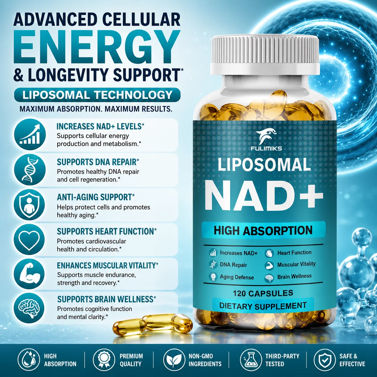 FULIMIKS NAD+ 1000mg Liposomal Supplement, Supports DNA Repair, Anti-Aging, Cellular Energy, Brain Function & Daily Vitality