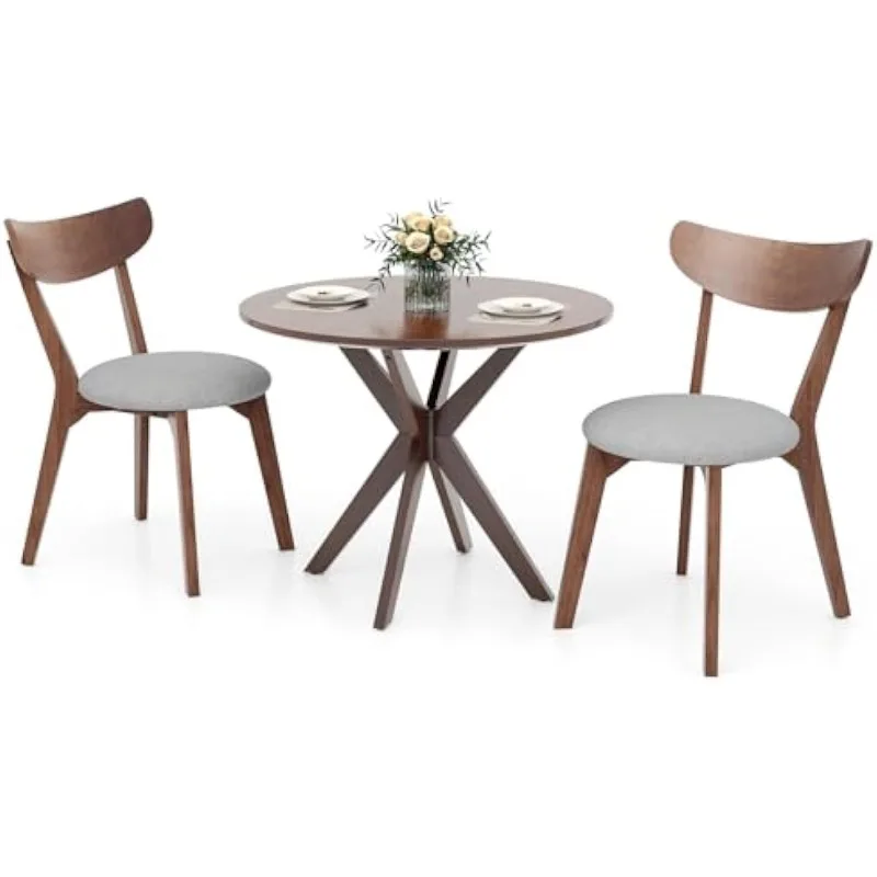 Dining Table Set for 2, Small Kitchen Mid-Century Wooden Round Dining Table and Two Dining Chairs