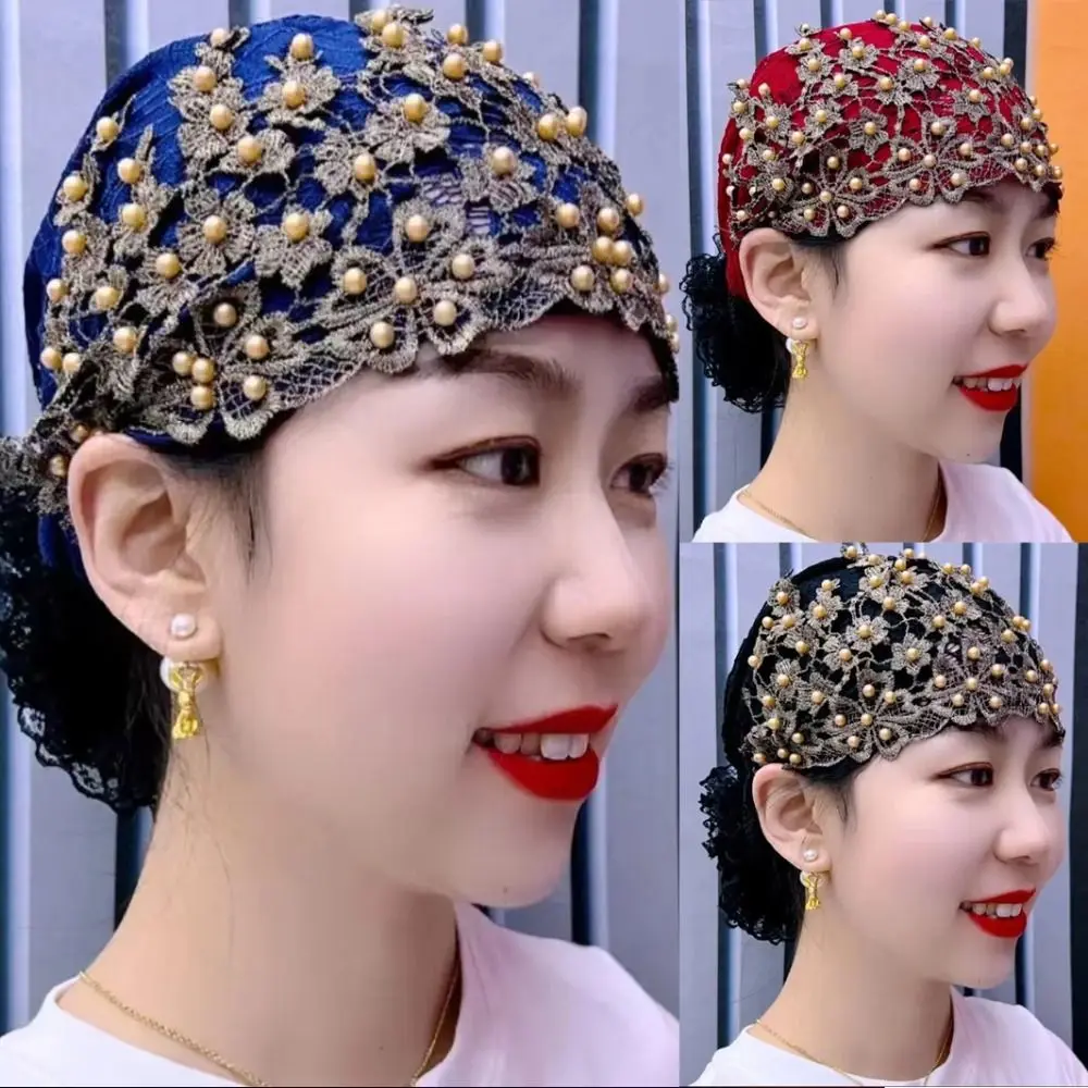

Elegant Lace Muslim Headscarf Cap Soild Color Cotton Muslim Headpiece Turban Women
