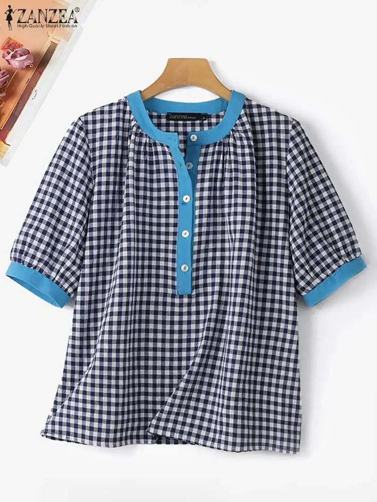 ZANZEA Vintage Women Half Sleeve Plaid Checked Tops Summer Fashion Patchwork Shirt Casual Loose Work Blouse Female Retro Tunic