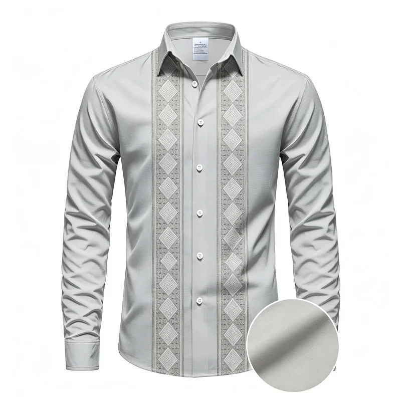 Symmetrical Diamond Stripe Print Men's Long-Sleeved Shirt, Vacation/Commuting Collared Shirt