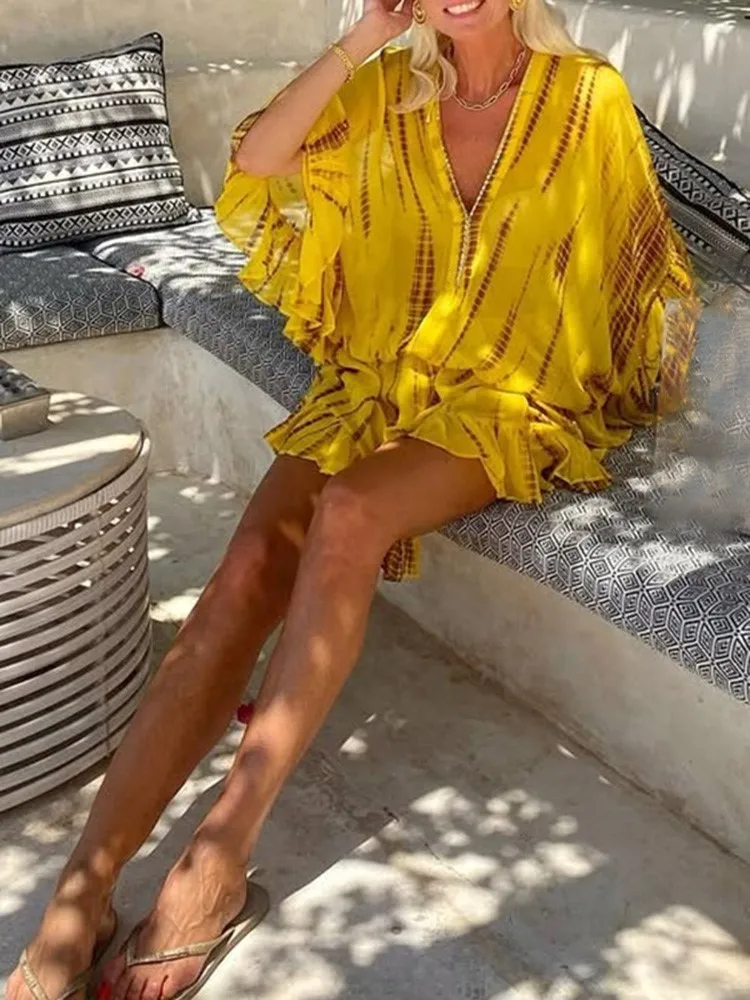 

Fashion Print Beach Dress Lady Casual Long Sleeve V Neck Pullover Mini Dresses For Women Holiday Party Skirt Womens Clothing New