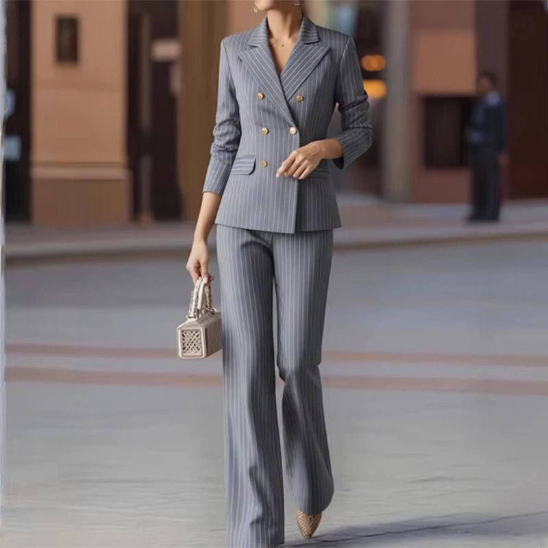 

Modigirl Blue Formal Coat Outerwear for Woman New Autumn Spring Golden Buttoned Business Office Fashion Striped Blazers Clothes