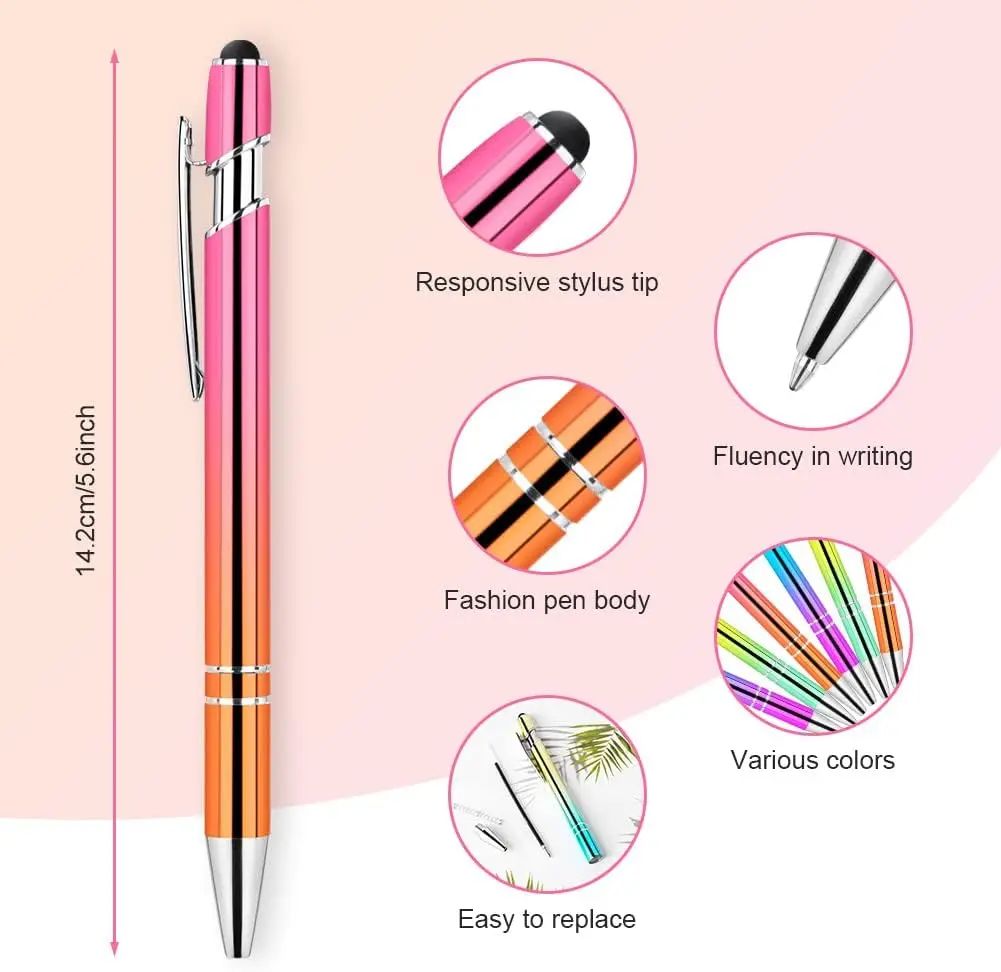 6PCS Ballpoint 2 in 1 Stylus Pens Stylish Pen Pretty Metal with 12 Refills, Black Ink Medium Point 1.0 mm Gift Pens, Cute Pens