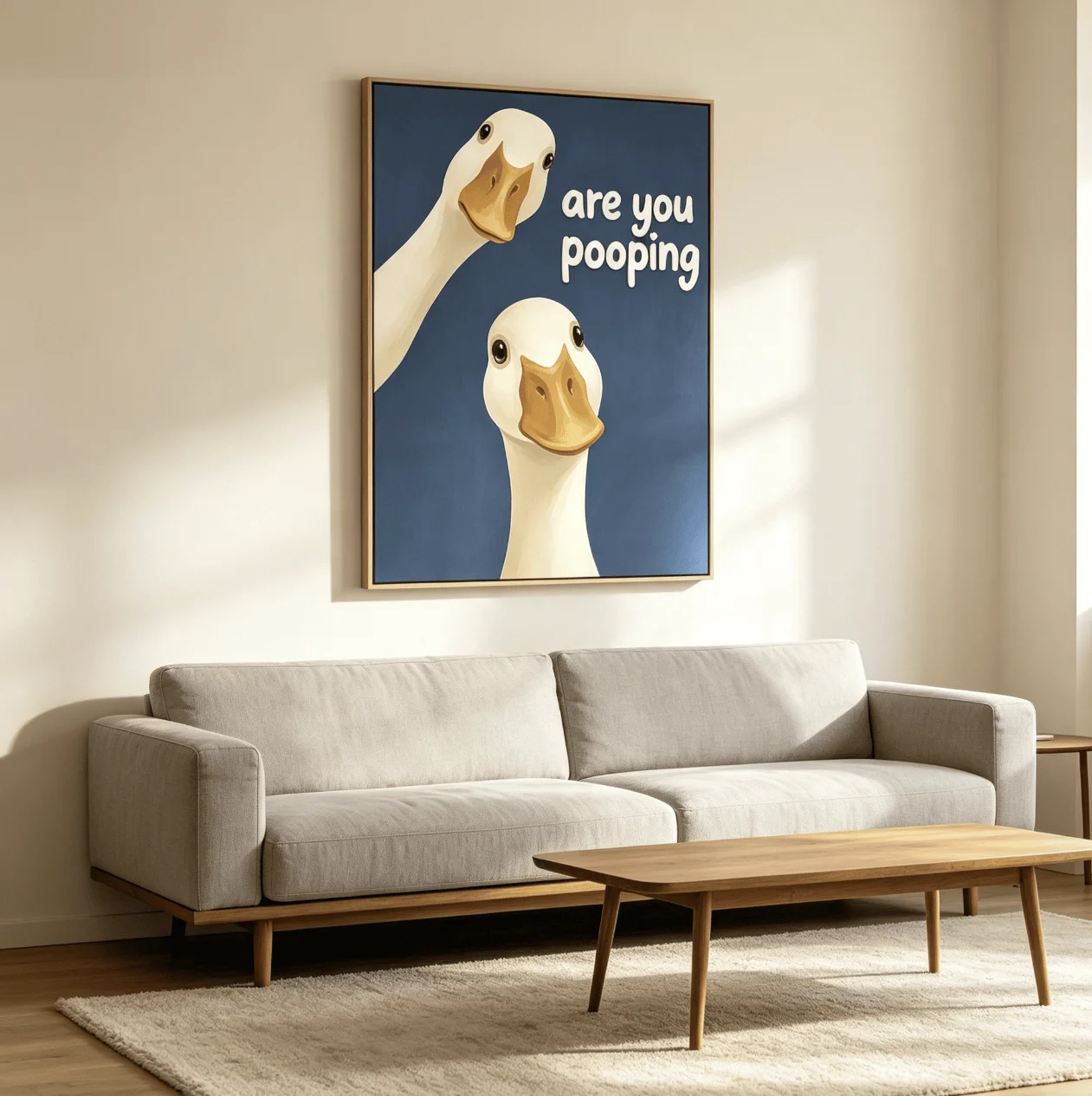 Funny Pair White Ducks Are You Pooping Canvas Wall Art Prints Poster, Humorous Illustration, Restroom Bathroom Farmhouse Decor