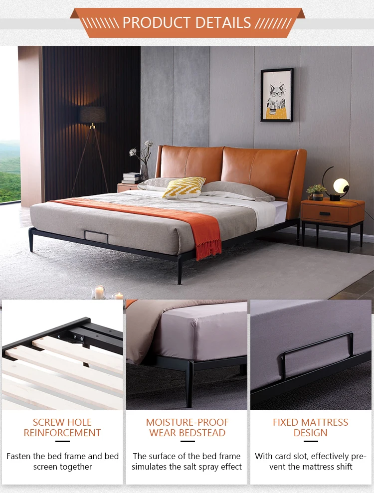 Modern bed room furniture hotel beds king size double metal frame Leather fabric soft bed