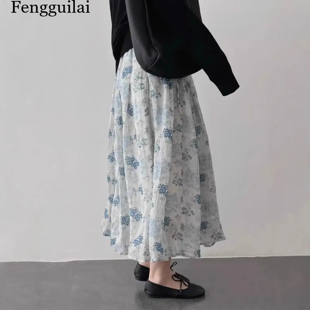 French Retro Forest-Style Blue Hemp Half-Length Skirt for Women Summer Petite Cotton-Linen