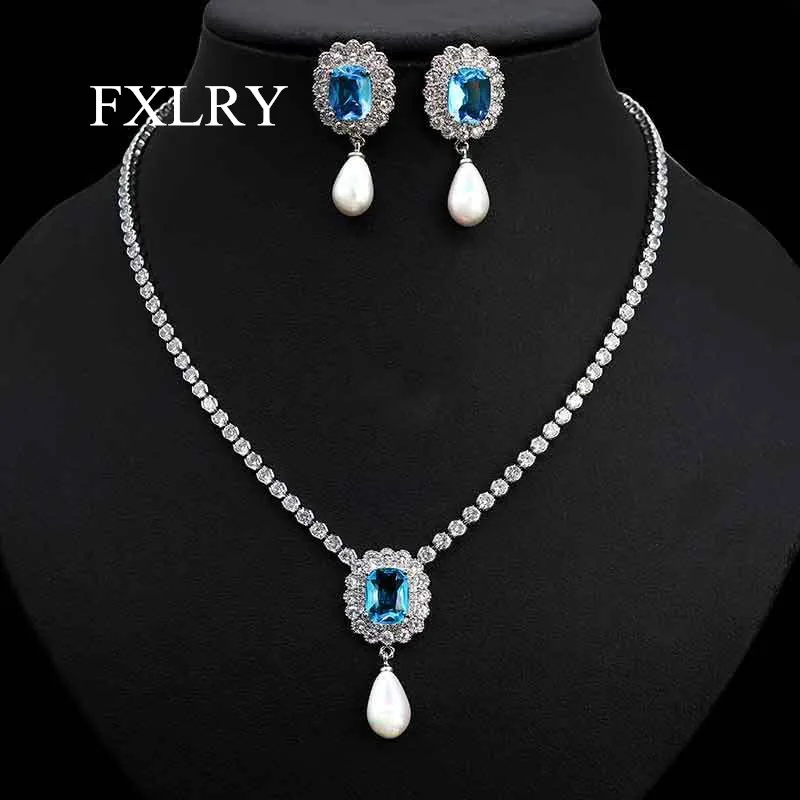 

FXLRY Elegant Fashion Cubic Zirconia Pearl Earring And Necklace For Women Set Bridal Engagement Wedding Jewelry