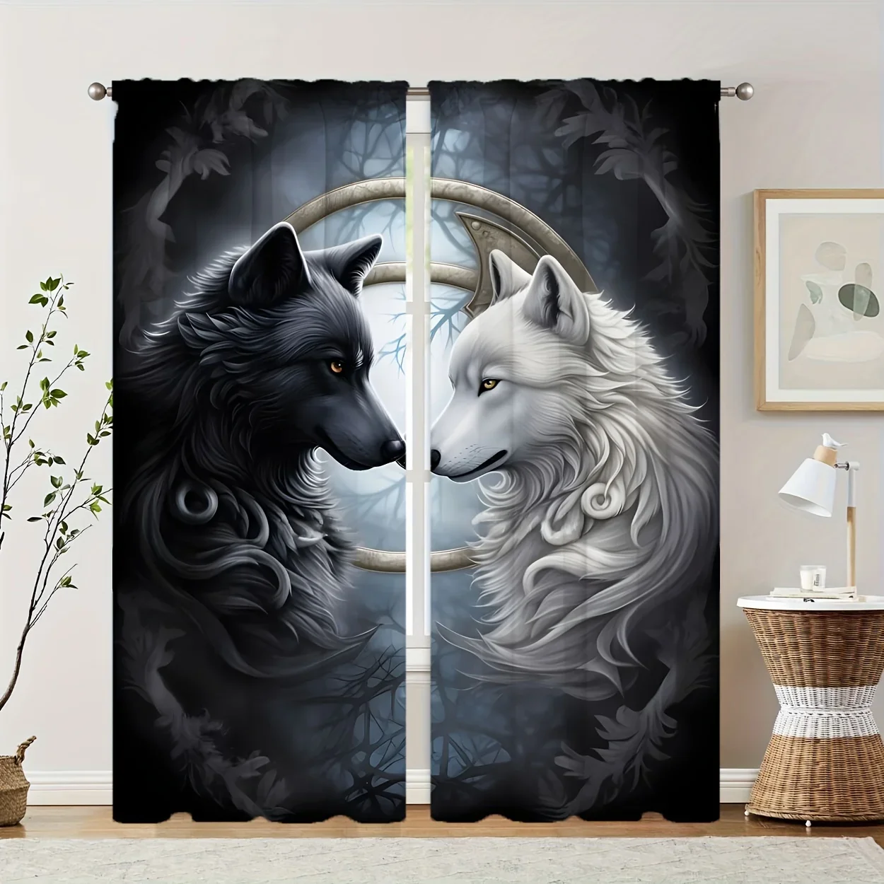 

Two wolves with black and white patterns Print Drapes Room Darkening Window Curtains for Home Decor,Rod Pocket Blackout Curtains