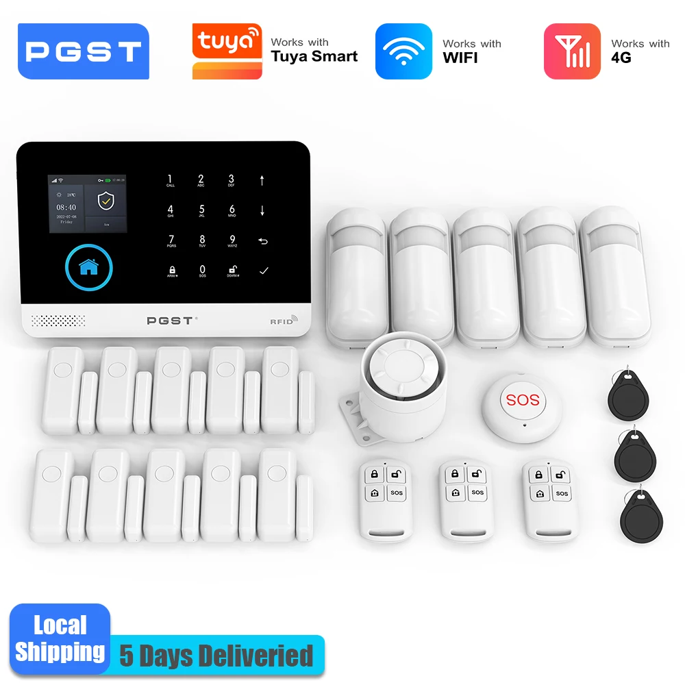 PGST Einbruchmelder Set intelligent WiFi 4G Works with Tuya Smart Life drahtloses Sicherheitssystem für Haus Wohnung Büro App Steuerung einfache Installation ohne monatliche Gebühren
