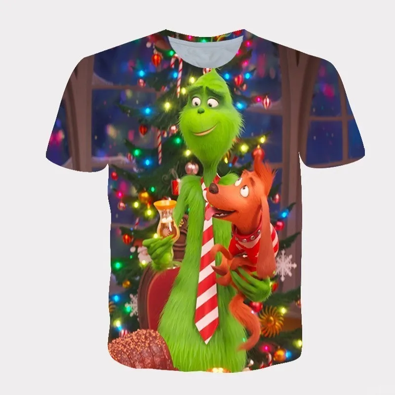 Cross Border Nuovo 2025 Natale Cartoon Pelliccia Verde Mostro 3D Stampato T-shirt da uomo a maniche corte Natale Grinch