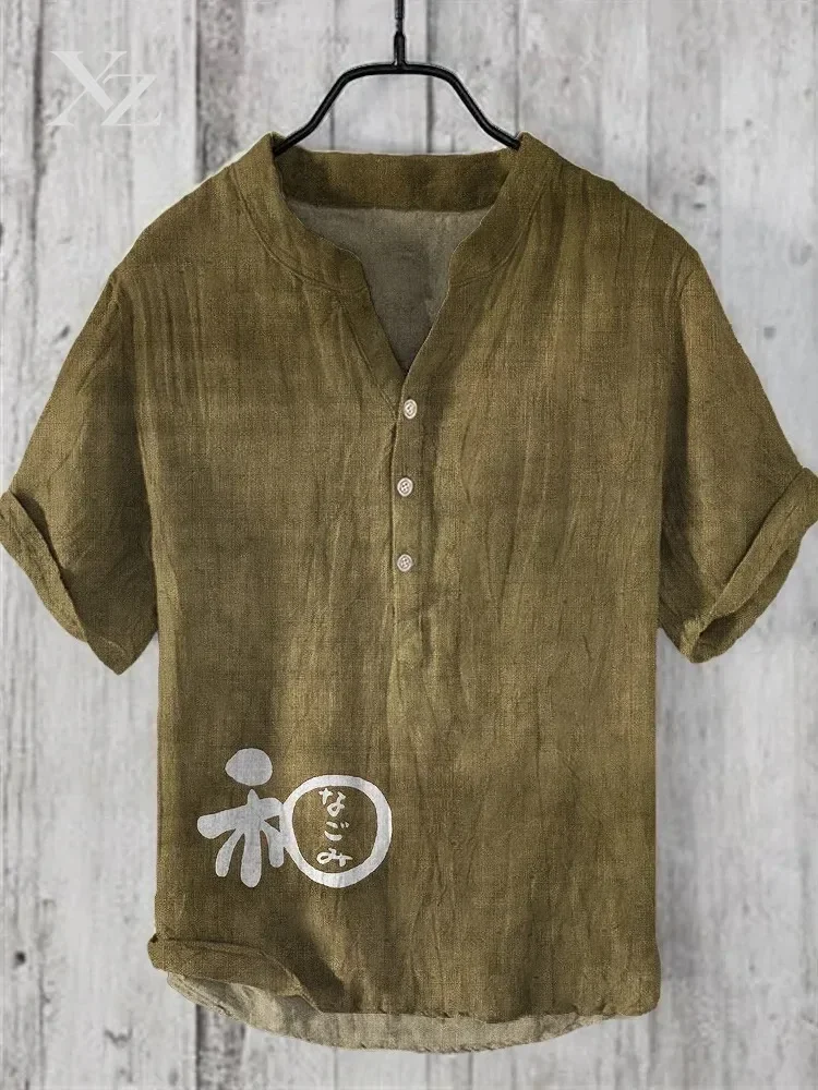 Men's Japanese Word Art V-Neck Short Sleeve Shirt Retro Casual Daily Texture Fabric Blouse Harajuku 6 Colors