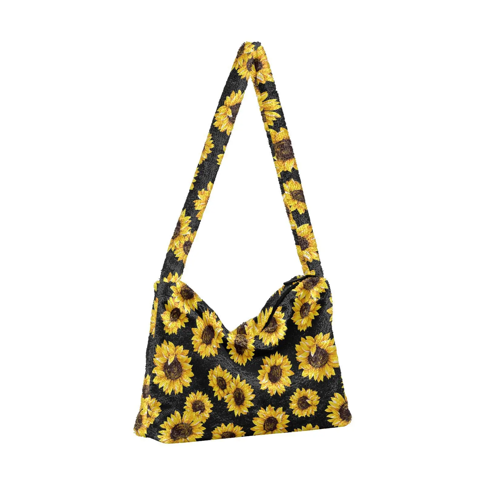 New Women Plush Underarm Bags Mini Sunflower Print Zipper Plush Pattern Shoulder Bags For Lady Simple Portable Daily Handbags