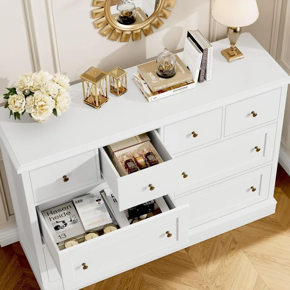 Cômoda branca elegante com 8 gavetas, cômoda de armazenamento espaçosa, 47,2 de comprimento com gavetas profundas