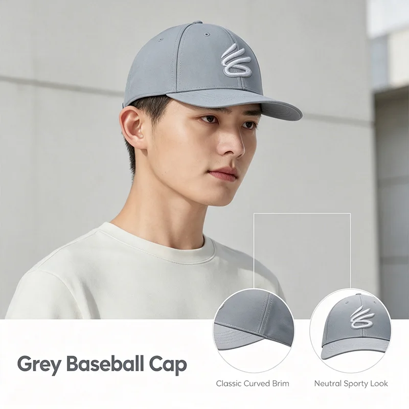 Under New Armour Grey Sport Baseball Cap Soft Cotton Curved Brim Adjustable Back Hat for Everyday Running Golf Streetwear