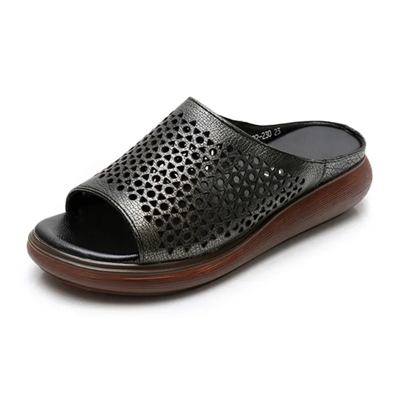 CEYANEAO retro-inspired ladies' slippers; women's wedge sandals made of genuine leather; Casual summer shoes for moms