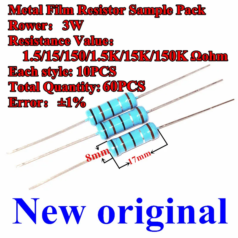 

New Original Metal Film Resistor Sample Pack 1% 3W / 1.5/15/150/1.5k /15k/150k Ω OHM Colored Rings