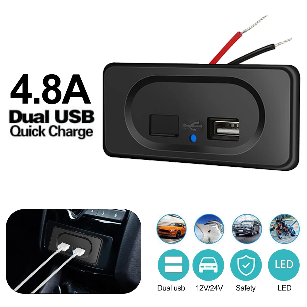 4.8A Dual USB Ports Car Charger Socket Adapter 12V/24V USB Charger with LED For Truck Camper Caravan Accessories