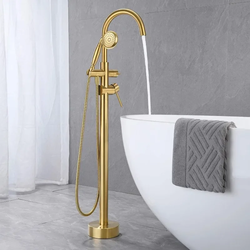 Tub Filler Freestanding Bathtub Faucet Brushed Floor Mounted Brass Bathroom Tub Faucets with Hand Shower