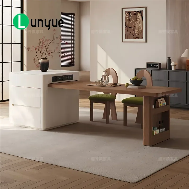 Walnut Color Medieval Style Island Table Retractable Kitchen Counter Bar Guide Platform for Apartment Household Dining