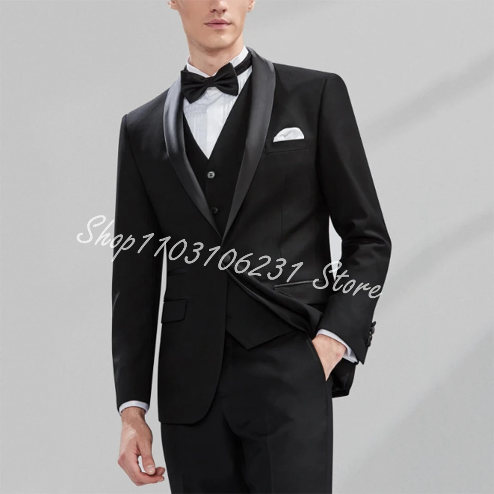 Luxury 3 Pieces Wedding Tuxedos Shawl Lapel Slim Fit Men‘s Suit Formal Business Groom Tuxedos Blazer Vest Pants Costume Homme