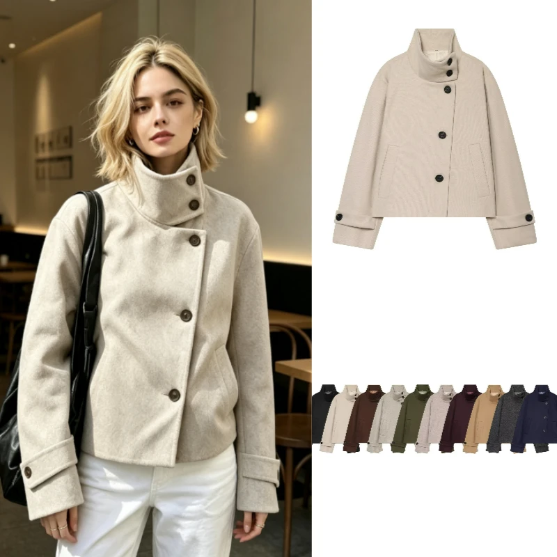 Women's Jacket 2026 New European and American Style High-Neck Fashion Button Decorative Elegant Street-Focus Casual Coat