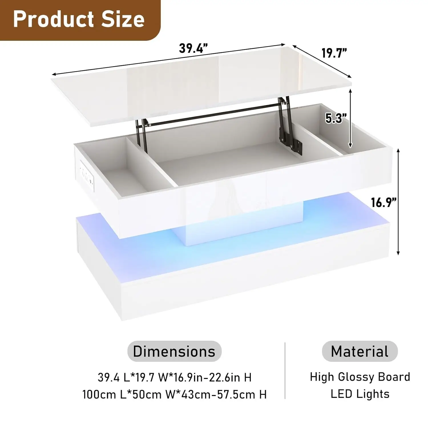 طاولة قهوة كبيرة مقاس 39.4 بوصة، طاولات قهوة حديثة عالية اللمعان LED لغرفة المعيشة مع مساحة تخزين، طاولات غرفة المعيشة باللون الأسود لـ