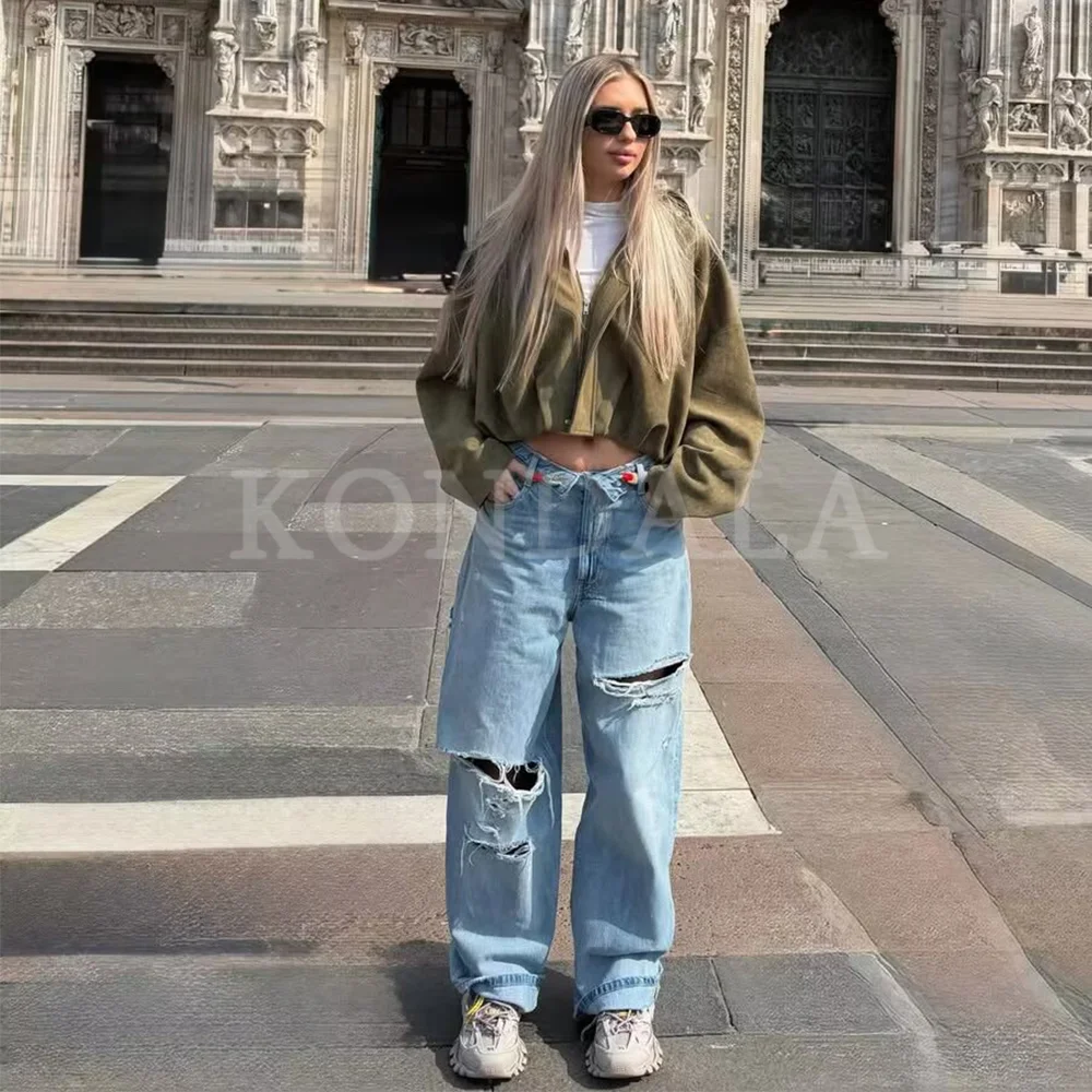 KONDALA 2026 Printemps-Été – Pantalon en jean élégant pour femme, coupe large, déchiré, idéal pour l