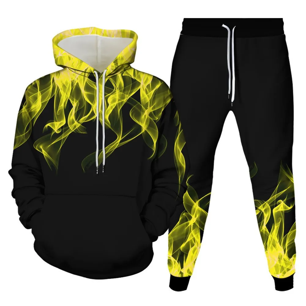 Hoodies Set 3D Print Colored flame Tracksuit Set Man Woman Hoodies+Pants 2pcs Sets Fashion Sportwear kids Pullover Coat Clothing