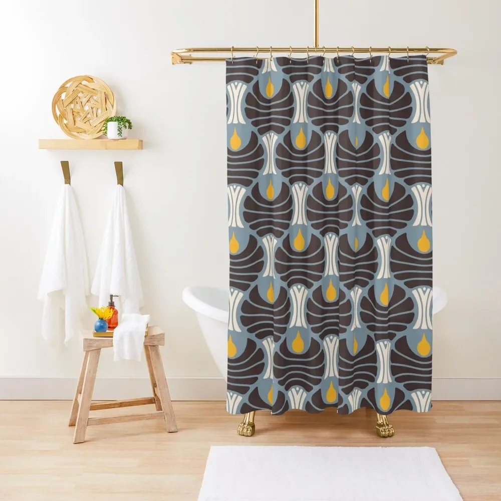 KF 0096 H - Vintage Retro Birds 70s Modern Geometric Pattern in Yellow Brown and Blue Shower Curtain