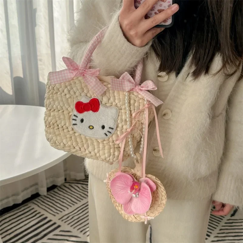 Sanrio KT Cat Hello Kitty Cute Countryside Bow Grass Woven Bag Seaside Vacation Atmosphere Hand-held Vegetable Basket