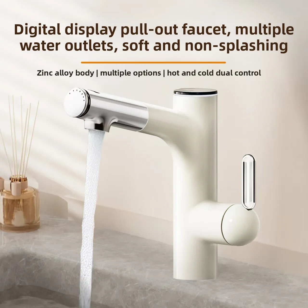 Digital Display Bathroom Faucet Multidirectional Cold Hot Water Retractable Stretch Rinse Sink Rotating Bathroom