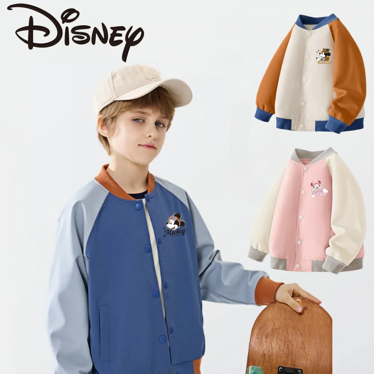 Disney Kids Color Patchwork Baseball Jacket Children Spring Autumn Windproof Outerwear Mickey Minnie Print Baseball Jacket