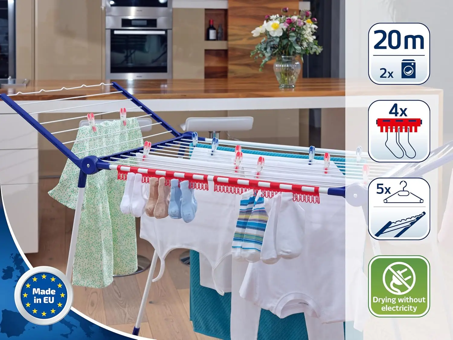 Outdoor and Indoor, 20 m Clothes Horse with 4 Clips for Drying Small Items and 5 Hangers [Amazon Exclusive]