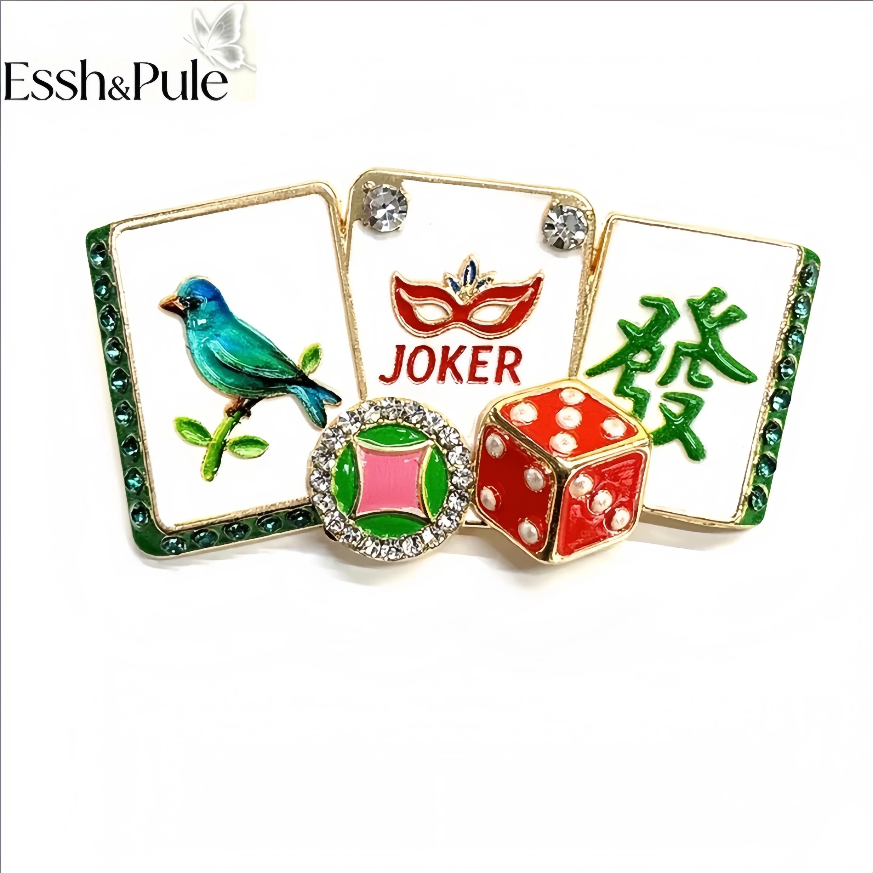 Essh&Pule Vintage Mahjong Poker Dice Brooch Enamel Rhinestone Lapel Pin Delicate Craft Suit Accessory Men Women Jewelry Gift