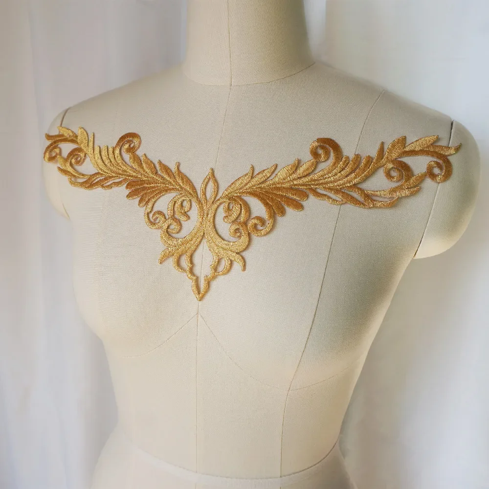 Gold Baroque Appliques Embroidered Bridal Gown Fabric V-neck Collar Iron Sew On Patch For Wedding Clothes Dress Decor DIY Crafts