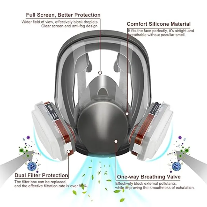 6800 Anti-Fog Gas Mask, Industrial Paint, Spray, Vaccination, Safety, Work, Dust Filter, Full Face Protection with Formaldehyde