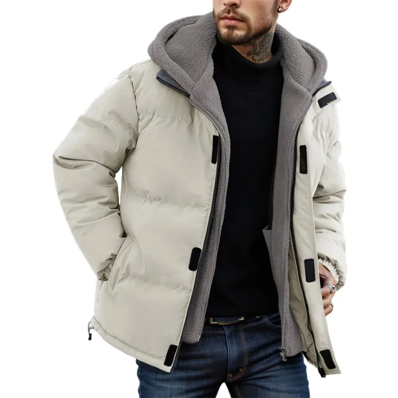 

Winter Windproof Men's Jacket Casual Fake Two Hooded Bread Coat Detachable Hood Zipper Front Long Sleeves Pockets Overcoat