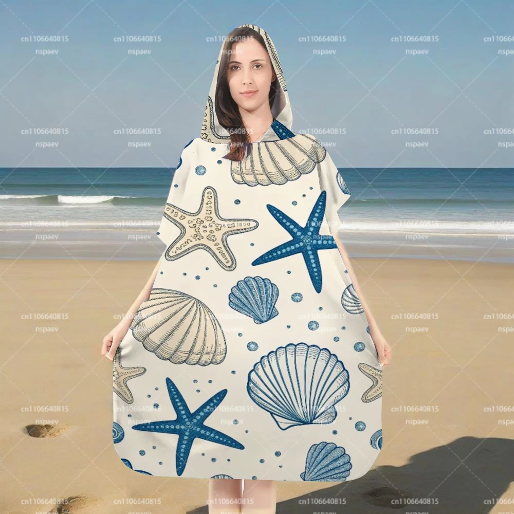 Family Matching Starfish Seashell Hooded Beach Towel Poncho, Ocean Print Quick Dry Microfiber Swim Robe for Adults Kids