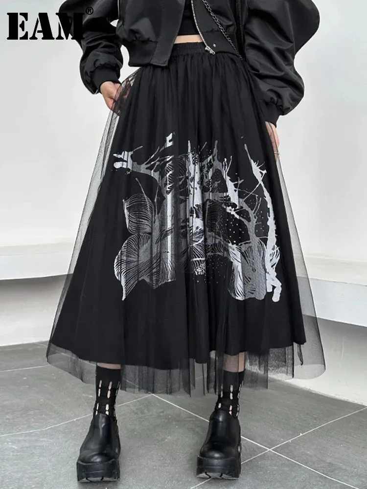 

[EAM] High Elastic Waist Black Printed Mesh Spliced Long Half-body Skirt Women Fashion Tide New Spring Autumn 2024 1DF6580