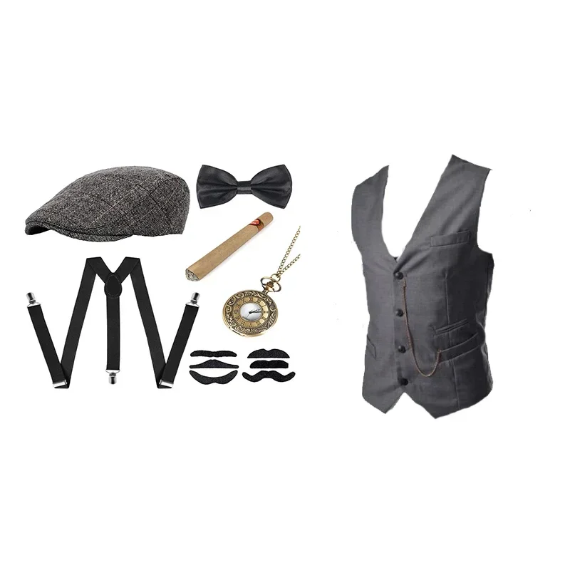 New 2025 's Gangster Costume And Accessories Set Steampunk WaistCoat Peaky Blinders Vest Pocket Watch 1920s Men Gatsby C X159