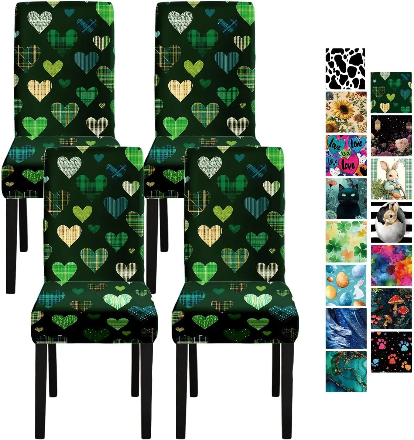 St Patricks Green Plaid Heart Chair Cover 1Pc, Stretch Removable Slipcover Anti-dust Seat Protector for Kitchen Wedding Party