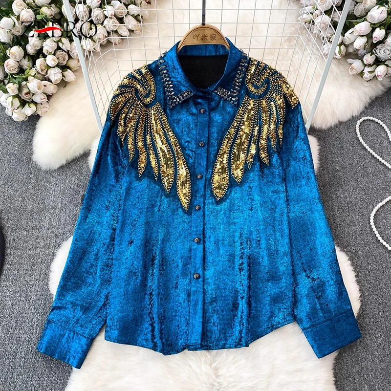 

Korean Women Spring Long Sleeve Angel Winged Diamonds Embroidery Beading Sequins Shirts Ladies Blouse Shinny Black Tops Mujer