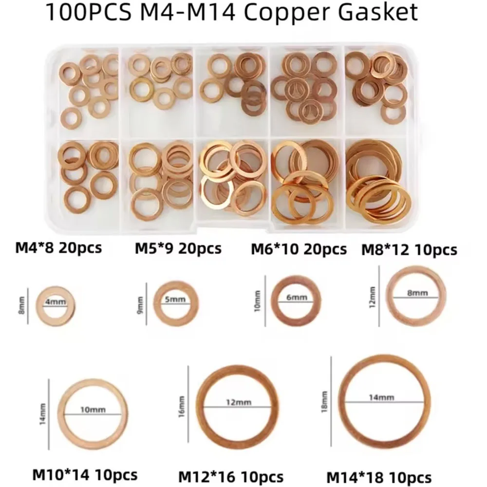 Copper Sealing Washer, Solid Gasket, Oil Sink Cap for Boat, Flat Sealing Ring Tool, 50/100/200 pcs