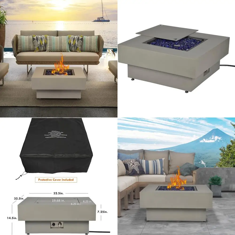 

Стол для костра на пропане, 32,5-дюймовый, 50 000 БТЕ, уличный газовый стол для патио с крышкой, стеклянные камни, крышка, предварительно прикрепленный Propa 10 футов