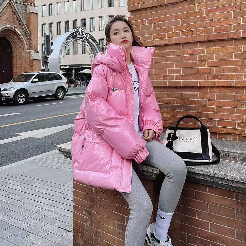 Pink Glossy Down Cotton-padded Jacket Women 2024 Winter New Loose Thick Parka Coat Casual Hooded Medium To Long Outerwear