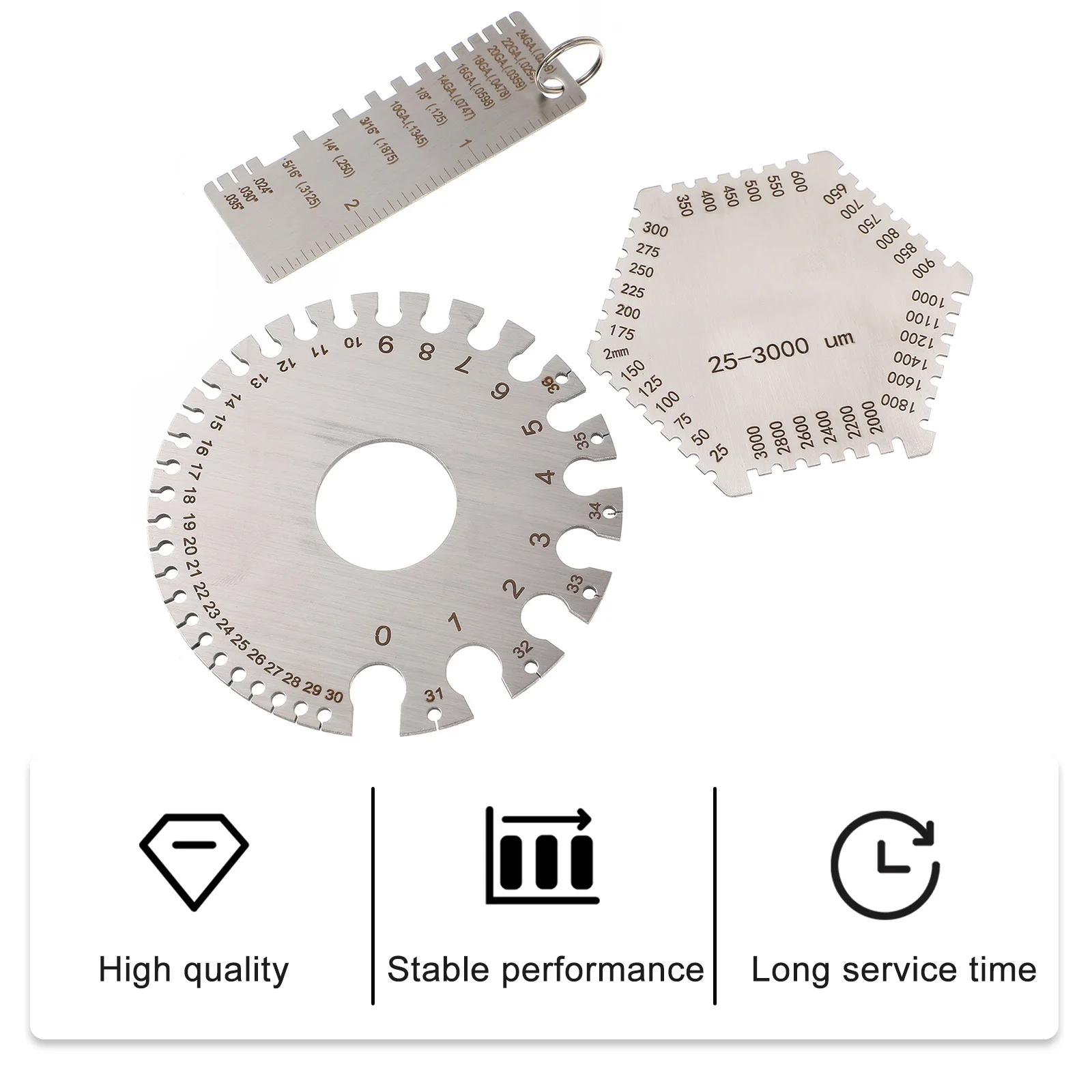 

3Pcs Thickness Gauge Set Stainless Steel Wire Welding Gauge for Measuring Sheet Metal Paper Wood Bolt Dual Sided Round