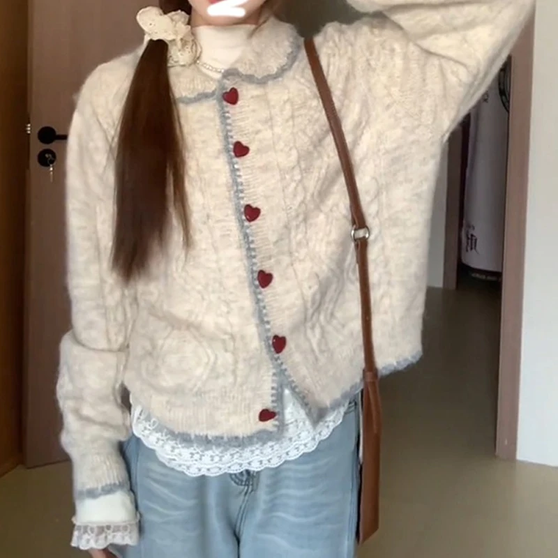 

Модный милый женский кардиган, вязаный свитер, осень-зима, кукольный воротник, свободные куртки в стиле ретро, новое повседневное пальто с пряжкой и лацканами, топ